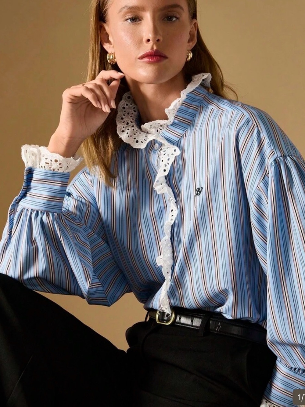 Classic Blue Striped Ruffle Lace Collar Blouse
